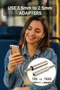 Woman using a smartphone with earphones, text about adapter usage, and TRS vs TRRS illustration.