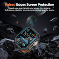 Smartwatch with screen protection feature displayed on a rocky background