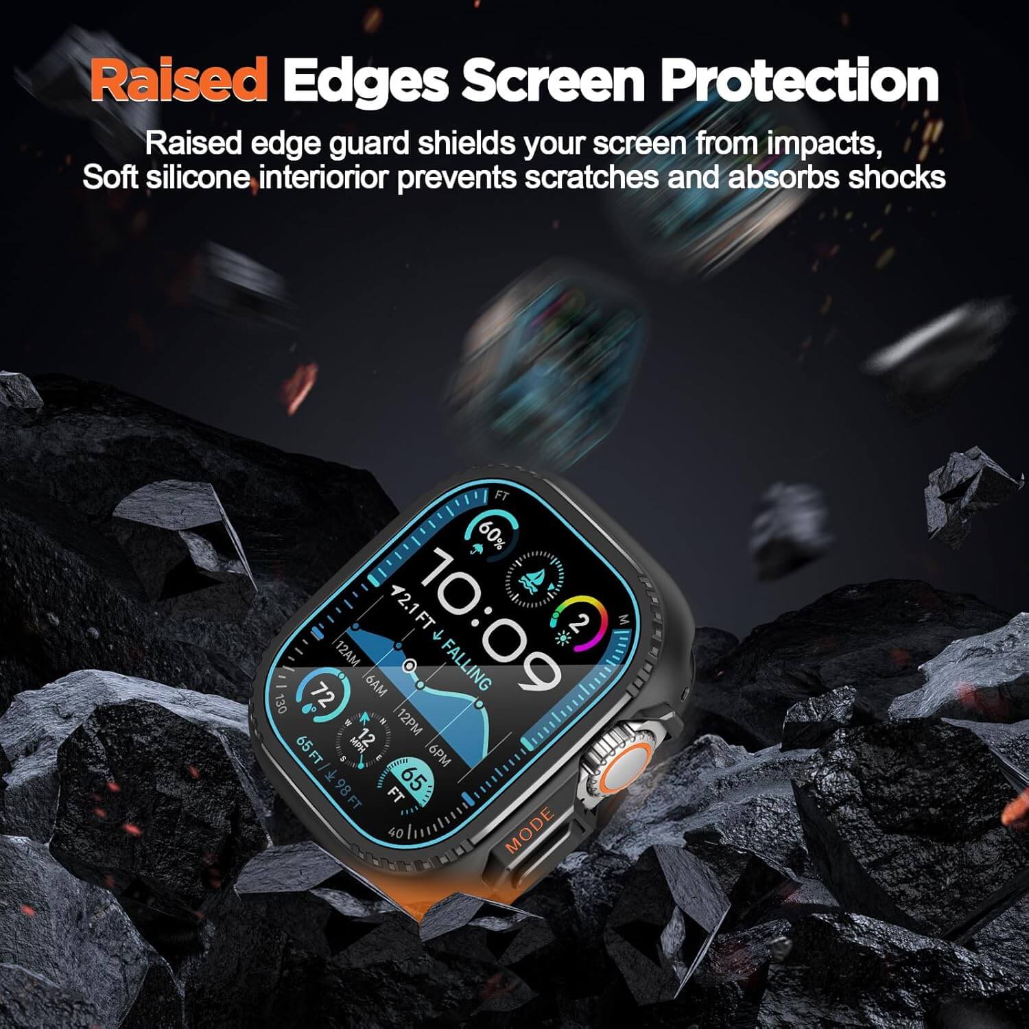 Smartwatch with screen protection feature displayed on a rocky background