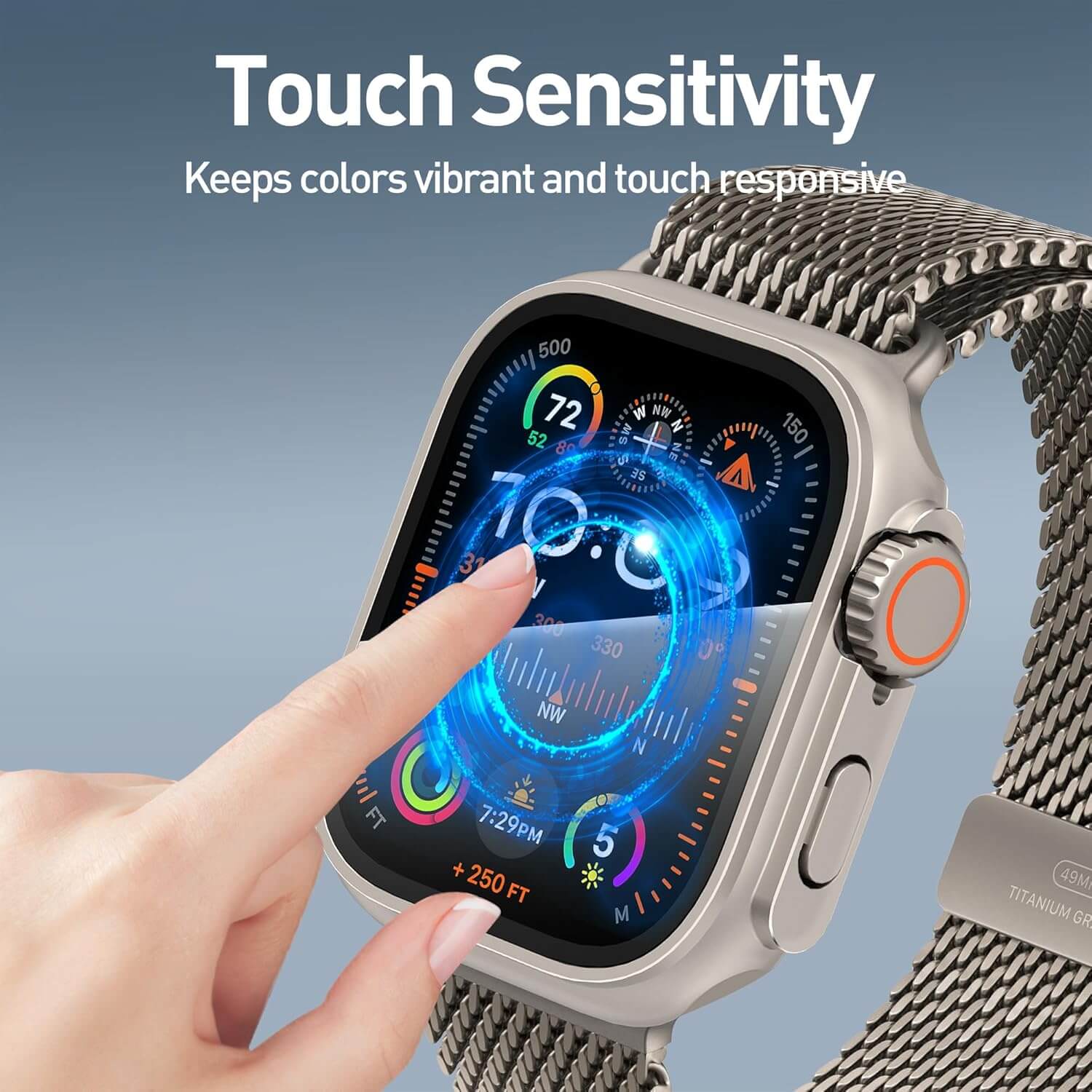 Smartwatch with a metallic band being interacted with by a hand, on a blue gradient background.
