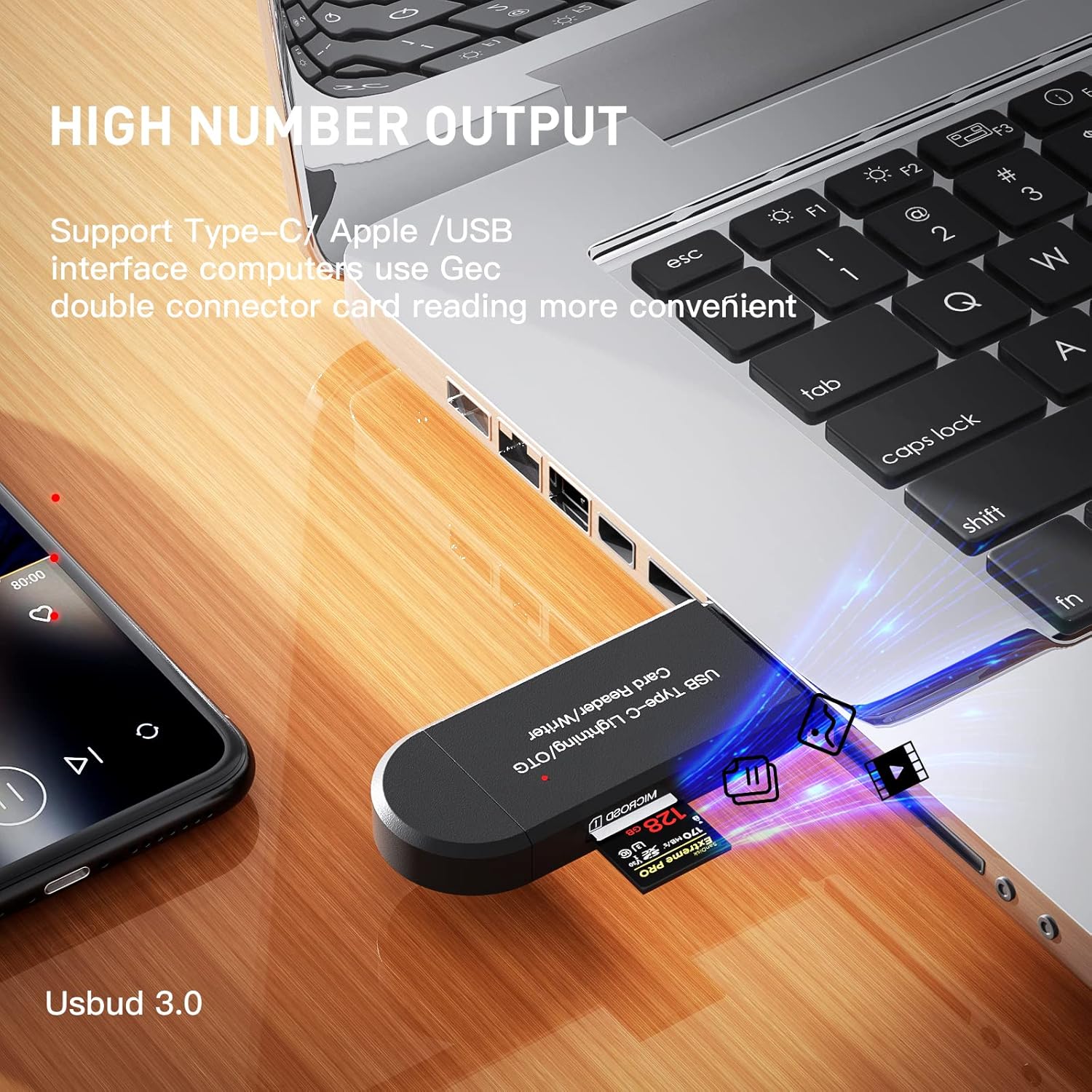 USB card reader connected to a laptop on a wooden surface with text about high number output and compatibility.