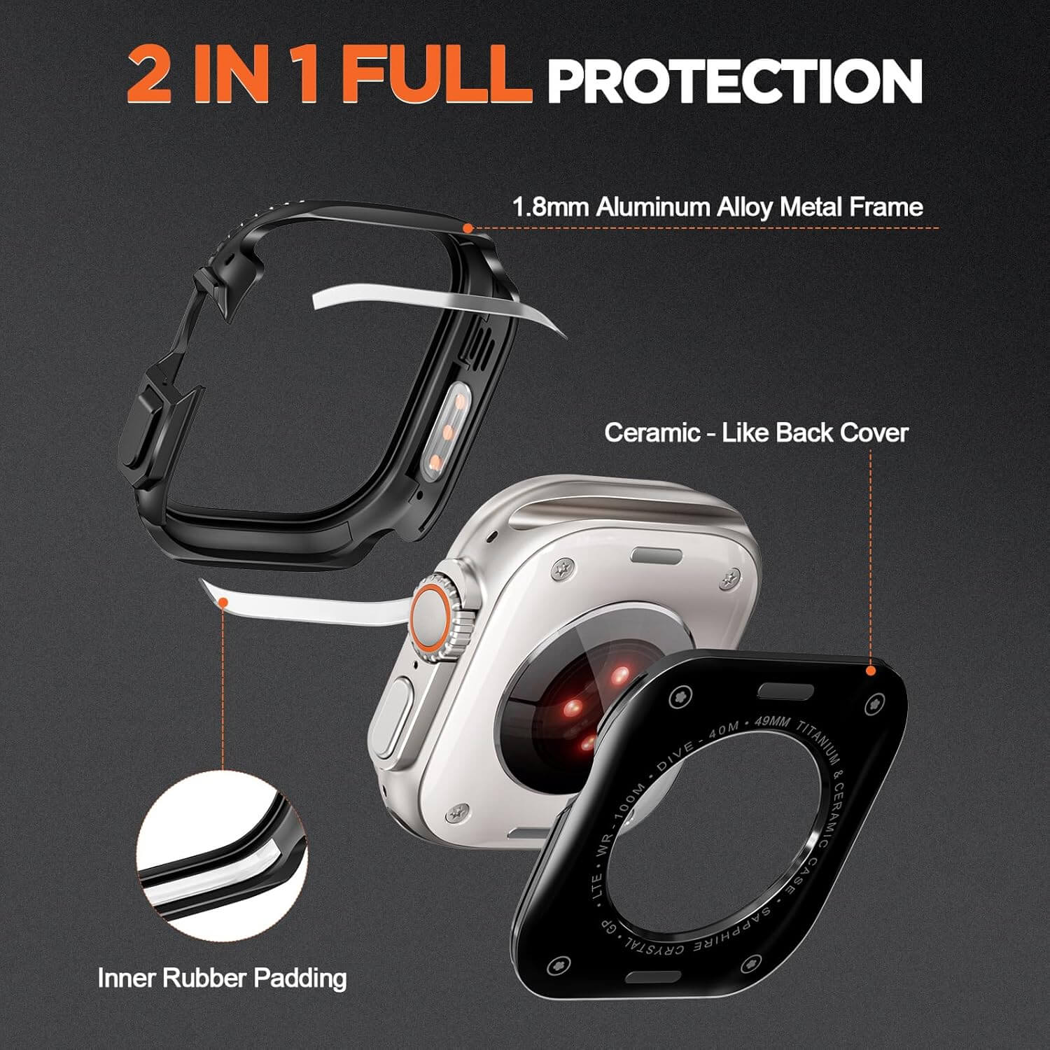 Smartwatch with protective case and features highlighted on a dark background
