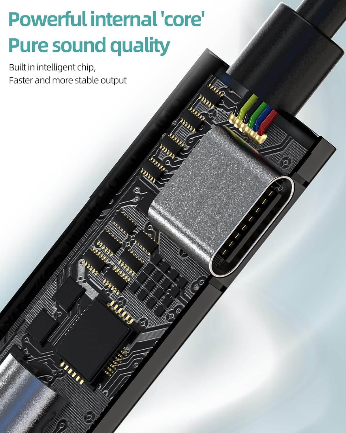 Close-up image of USB-C audio adapter inner chip showcasing advanced technology for stable sound quality.