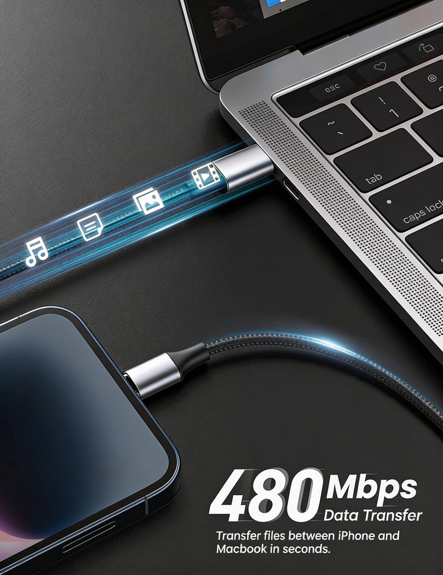 Laptop and smartphone connected by a cable with 480 Mbps data transfer text on a dark surface.