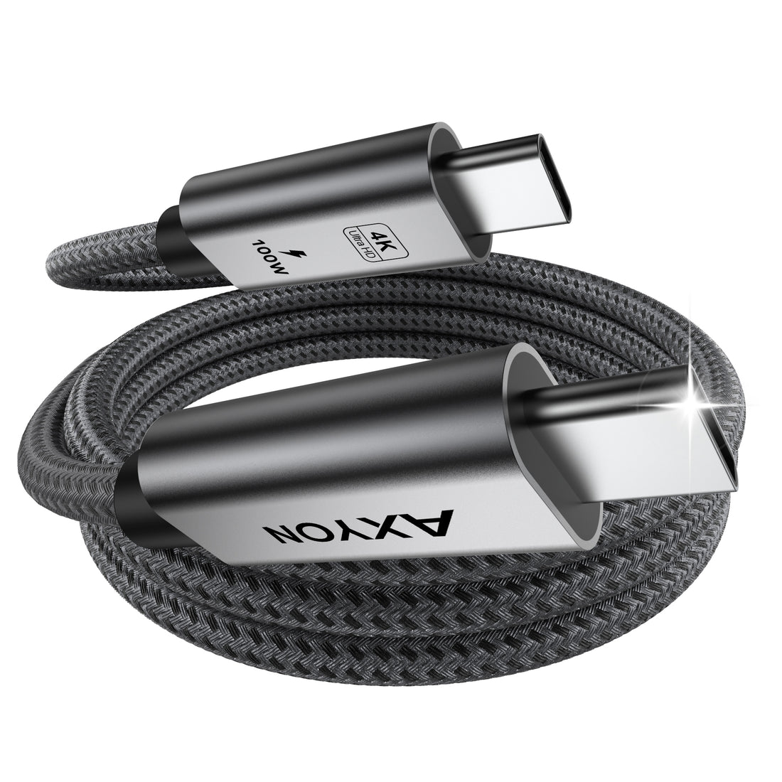 AXYON Space Grey 100W USB-C to USB-C 1m cable highlighting the high-density double-woven black and grey braided nylon jacket, nickel-plated connector shells, and structural strain relief boots.