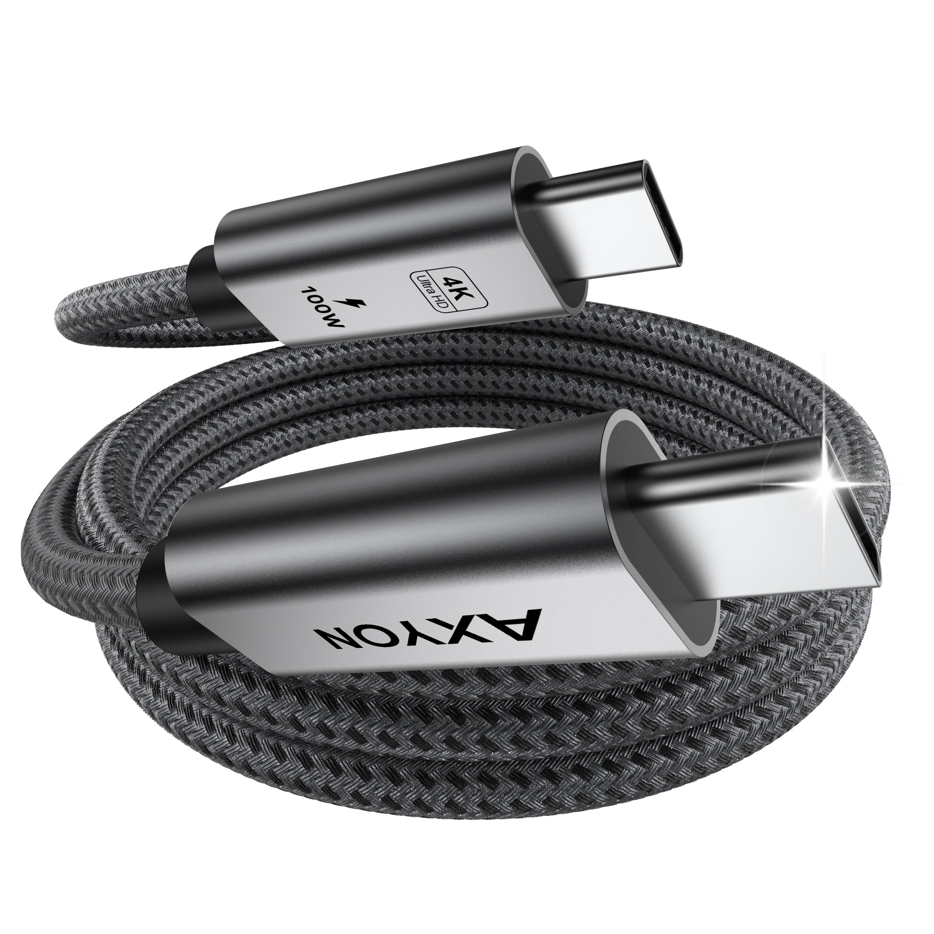 AXYON Space Grey 100W USB-C to USB-C 1m cable highlighting the high-density double-woven black and grey braided nylon jacket, nickel-plated connector shells, and structural strain relief boots.