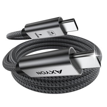 AXYON Space Grey 100W USB-C to USB-C 1m cable highlighting the high-density double-woven black and grey braided nylon jacket, nickel-plated connector shells, and structural strain relief boots.