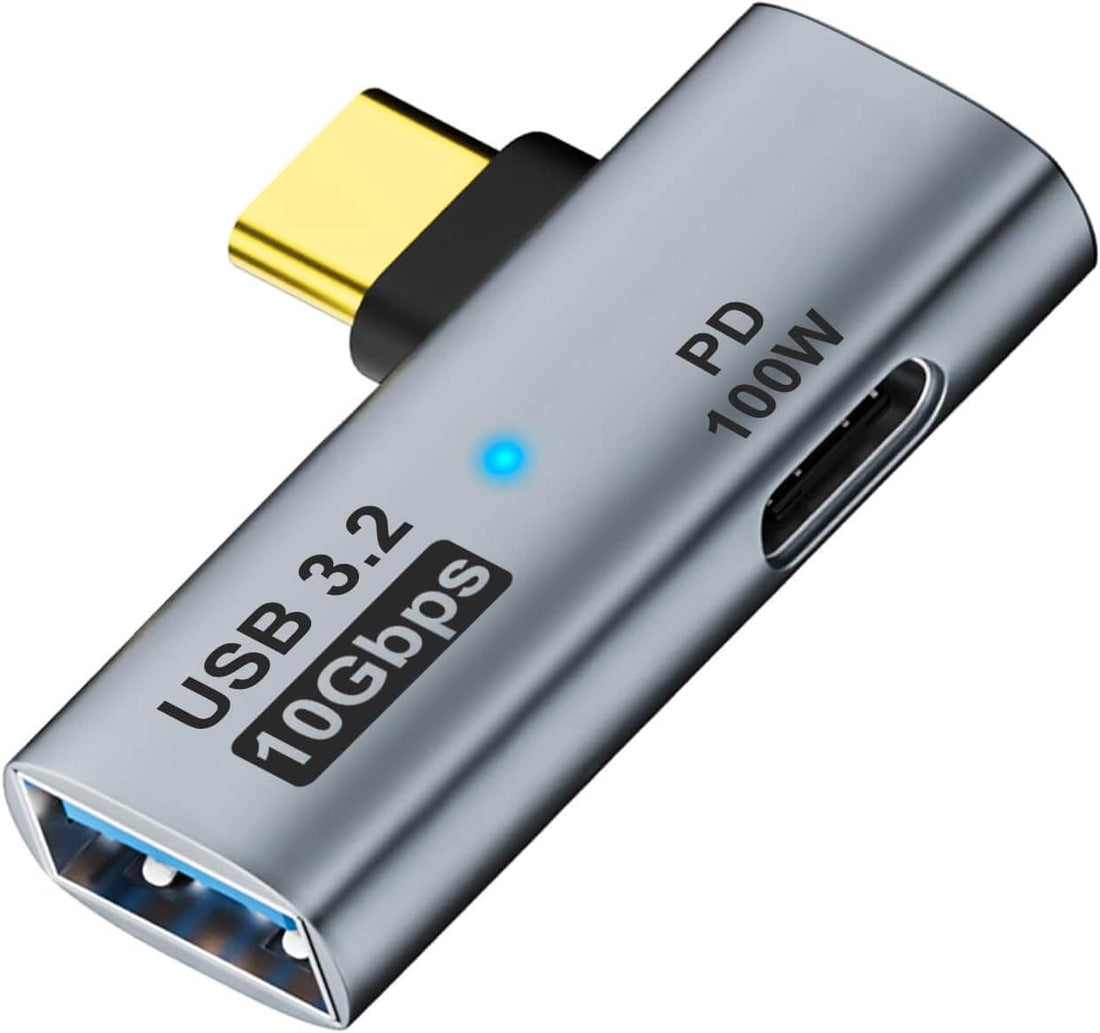2-in-1 USB C to USB 3.2 adapter with 100W charging port and LED indicator for fast data transfer.