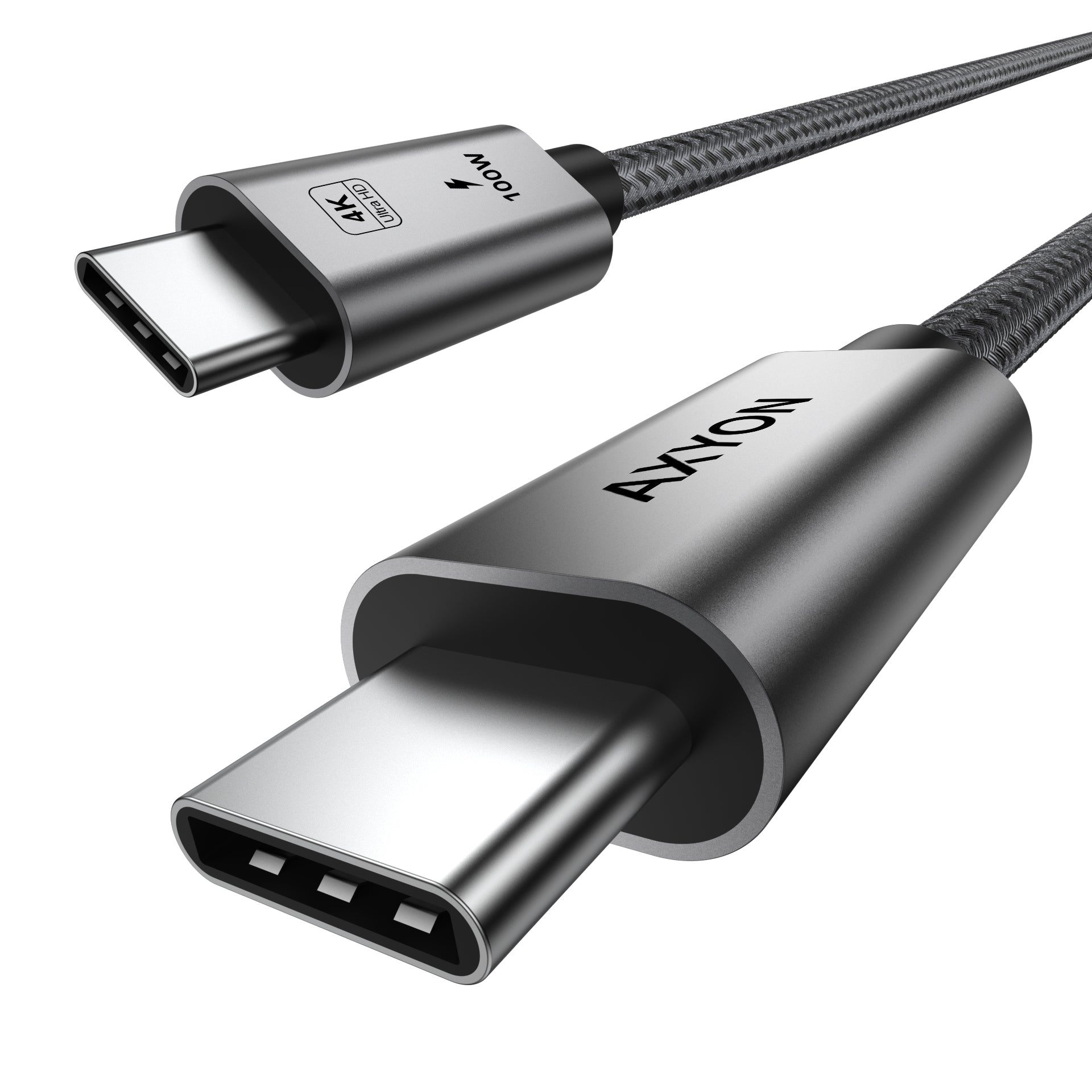 Silver USB-C cable with connectors on a white background