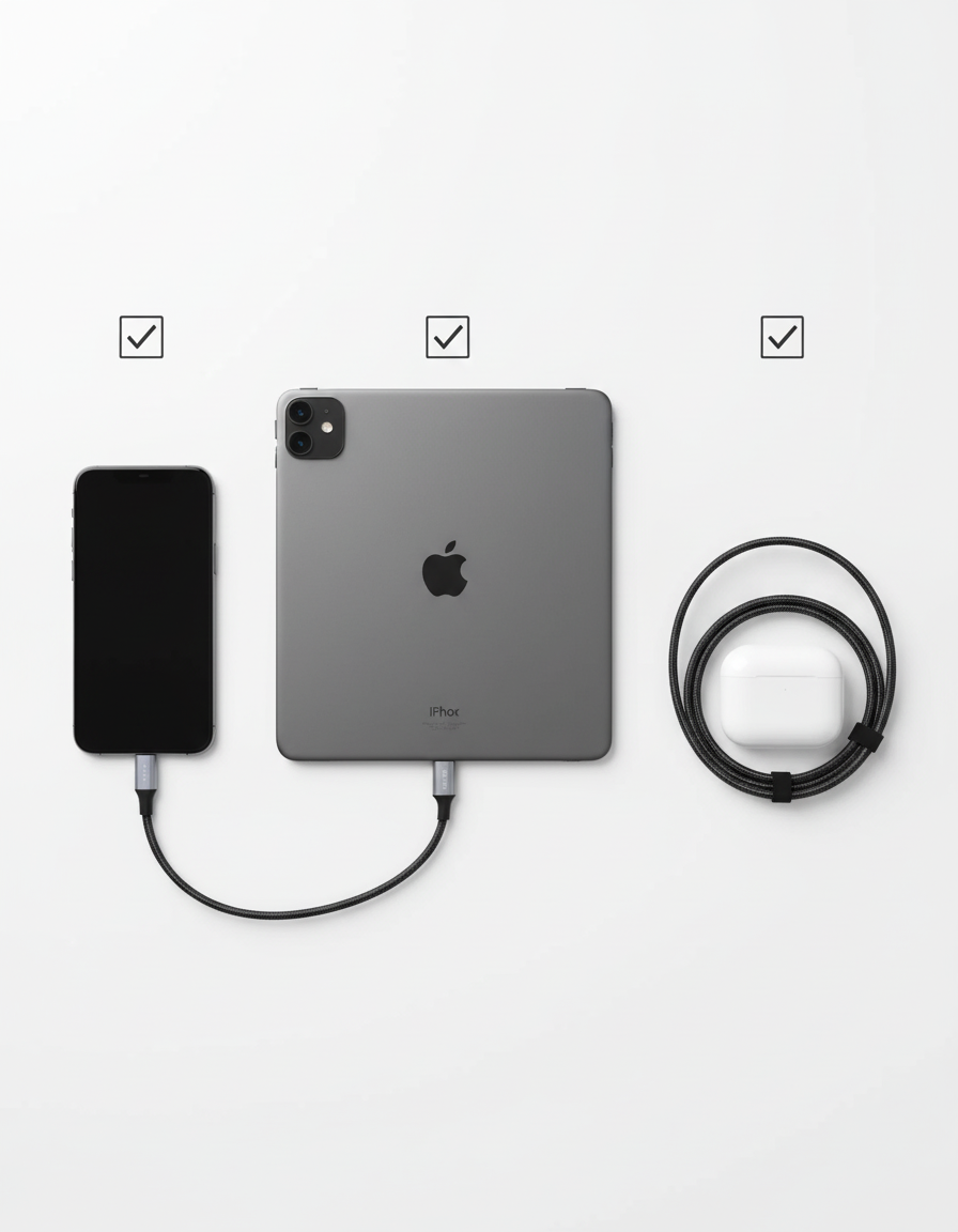 Smartphone, tablet, and cable on a white background