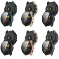 Multiple smartwatches with different colored bands on a white background