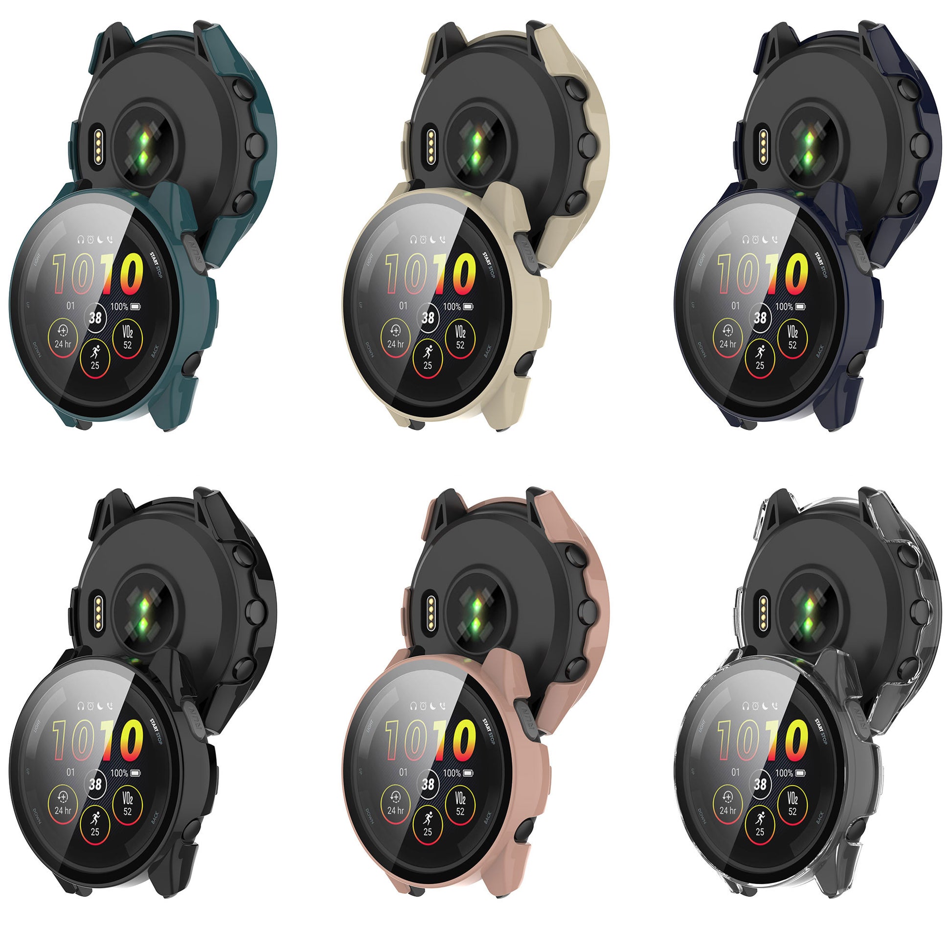 Multiple smartwatches with different colored bands on a white background