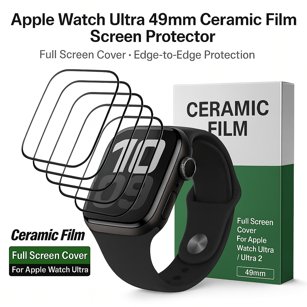Apple Watch Ultra with ceramic film screen protectors and packaging on a white background