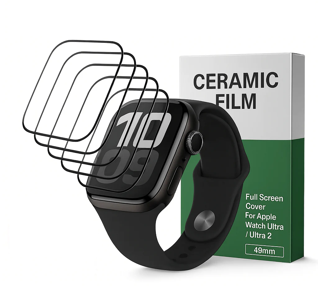 Apple Watch Ultra 49mm ceramic screen protectors and packaging.