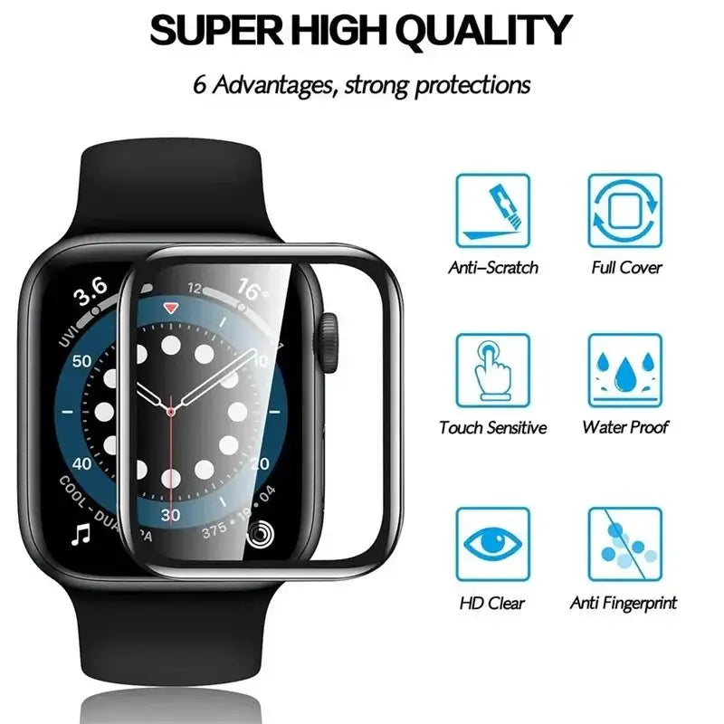 Smartwatch with a screen protector displaying features on a white background