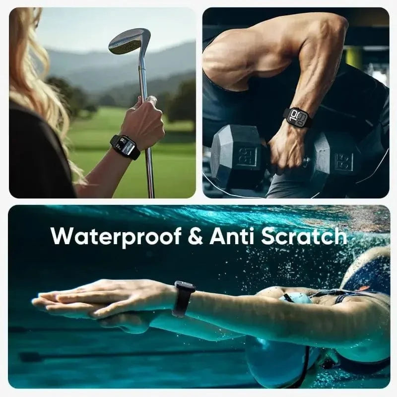 Collage of a person holding a golf club, lifting weights, and underwater with text 'Waterproof & Anti Scratch'.