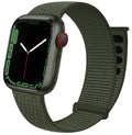 Khaki Green AXYON® Nylon Loop Strap for Apple Watch, skin‑friendly material.
