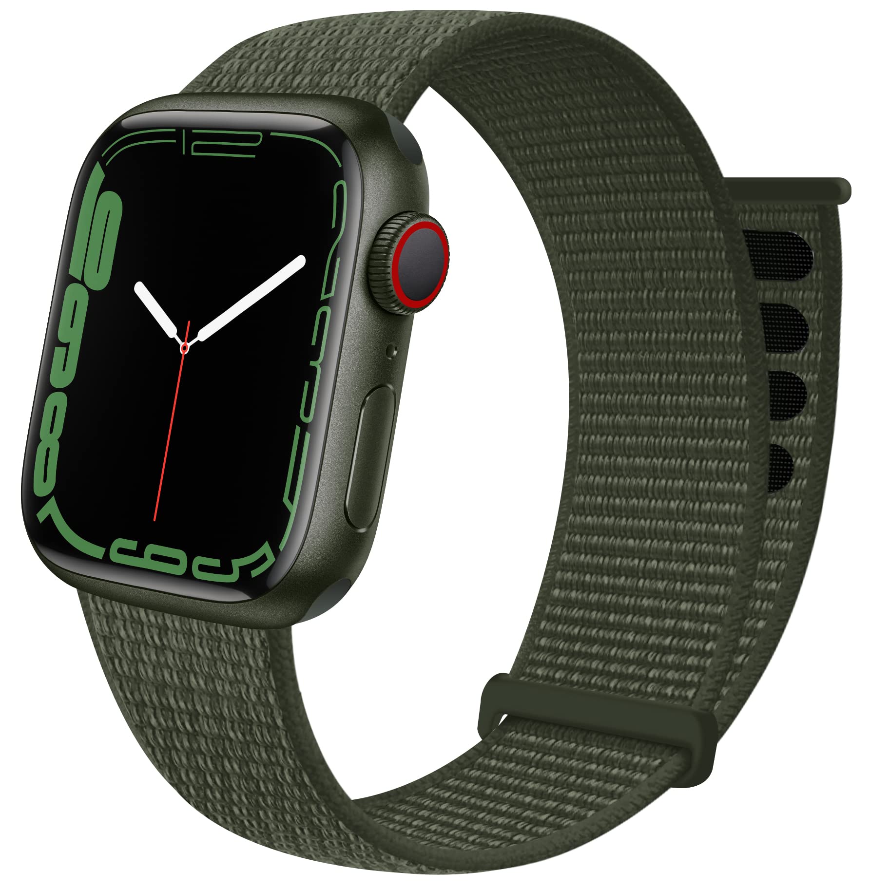 Khaki Green AXYON® Nylon Loop Strap for Apple Watch, skin‑friendly material.