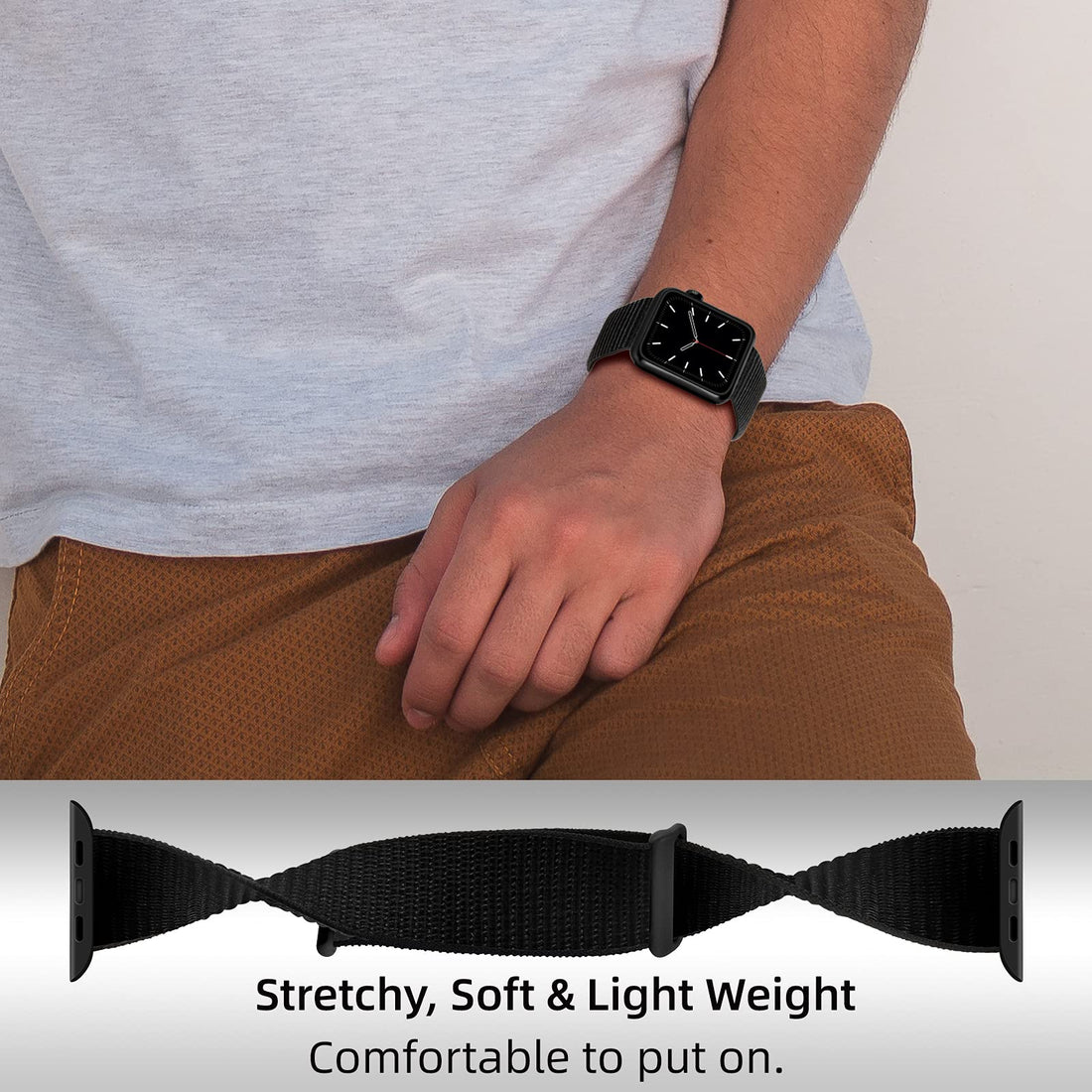 Smartwatch with two different black and pink woven bands on a white background, with color swatches below.