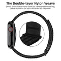 Black braided watch strap with text about double-layer nylon weave on a white background