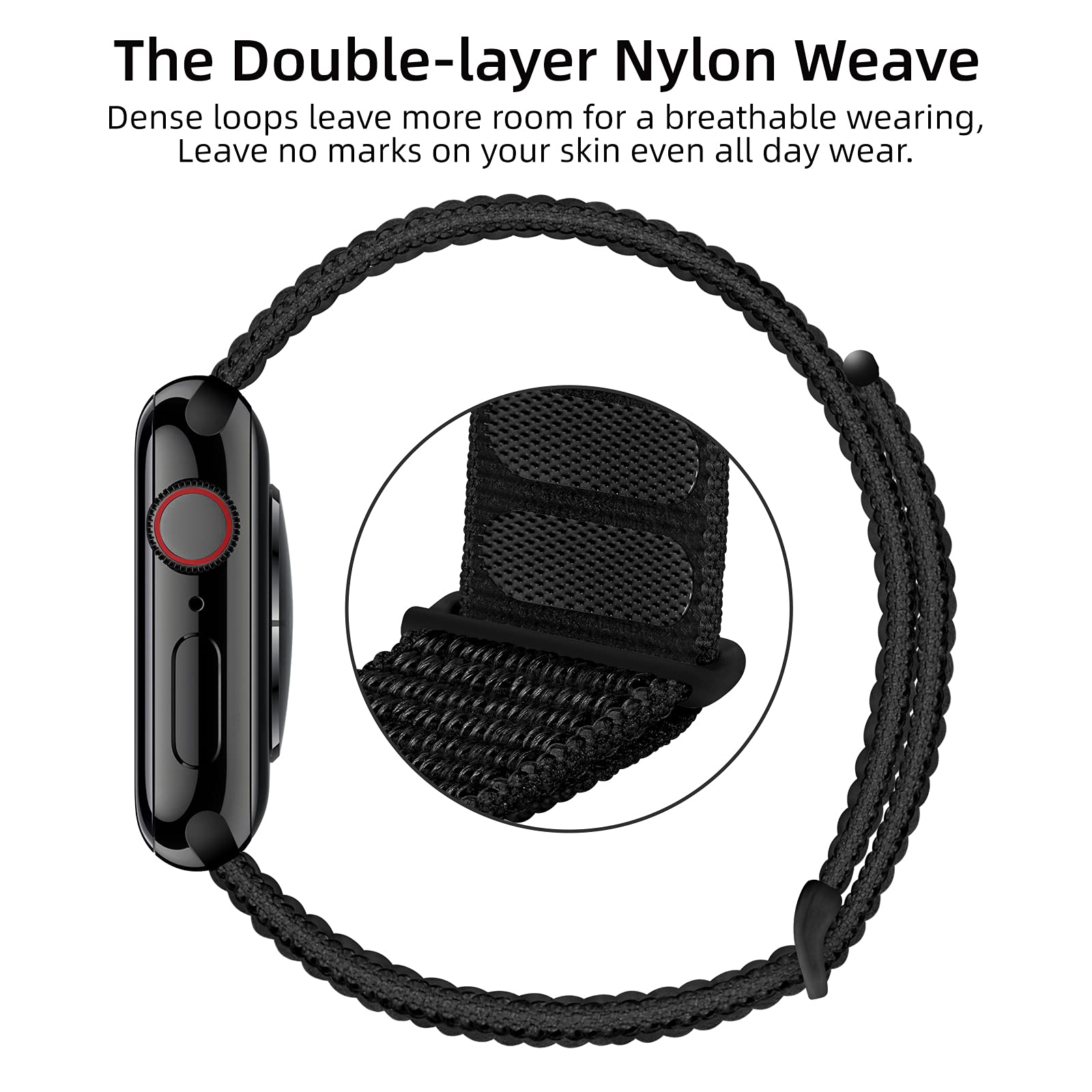 Black braided watch strap with text about double-layer nylon weave on a white background