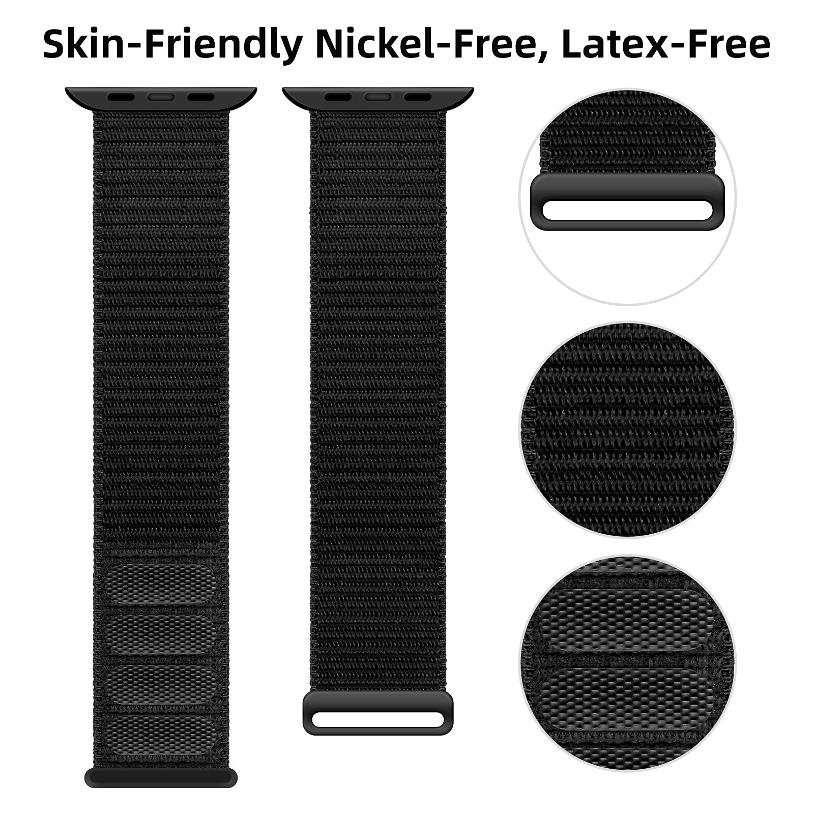 Black watch strap with close-up details on a white background
