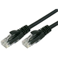 Black Ethernet cable with clear connectors on a white background