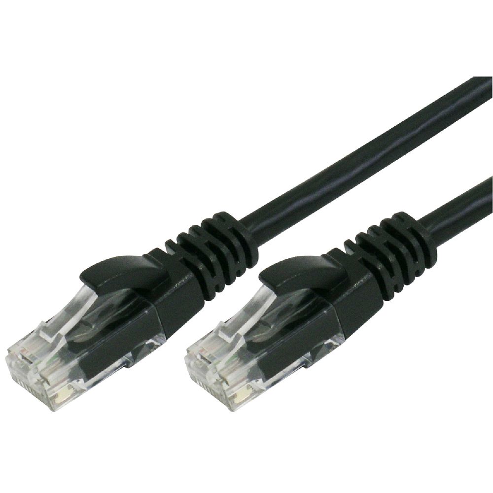 Black Ethernet cable with clear connectors on a white background