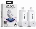 A 2-pack of AXYON 30W premium power adapters shown next to their retail packaging box on a clean white background.