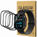 An Apple Watch Ultra displaying three floating black-bordered ceramic screen protectors next to a Glass Screen Pro retail box on a solid white background.