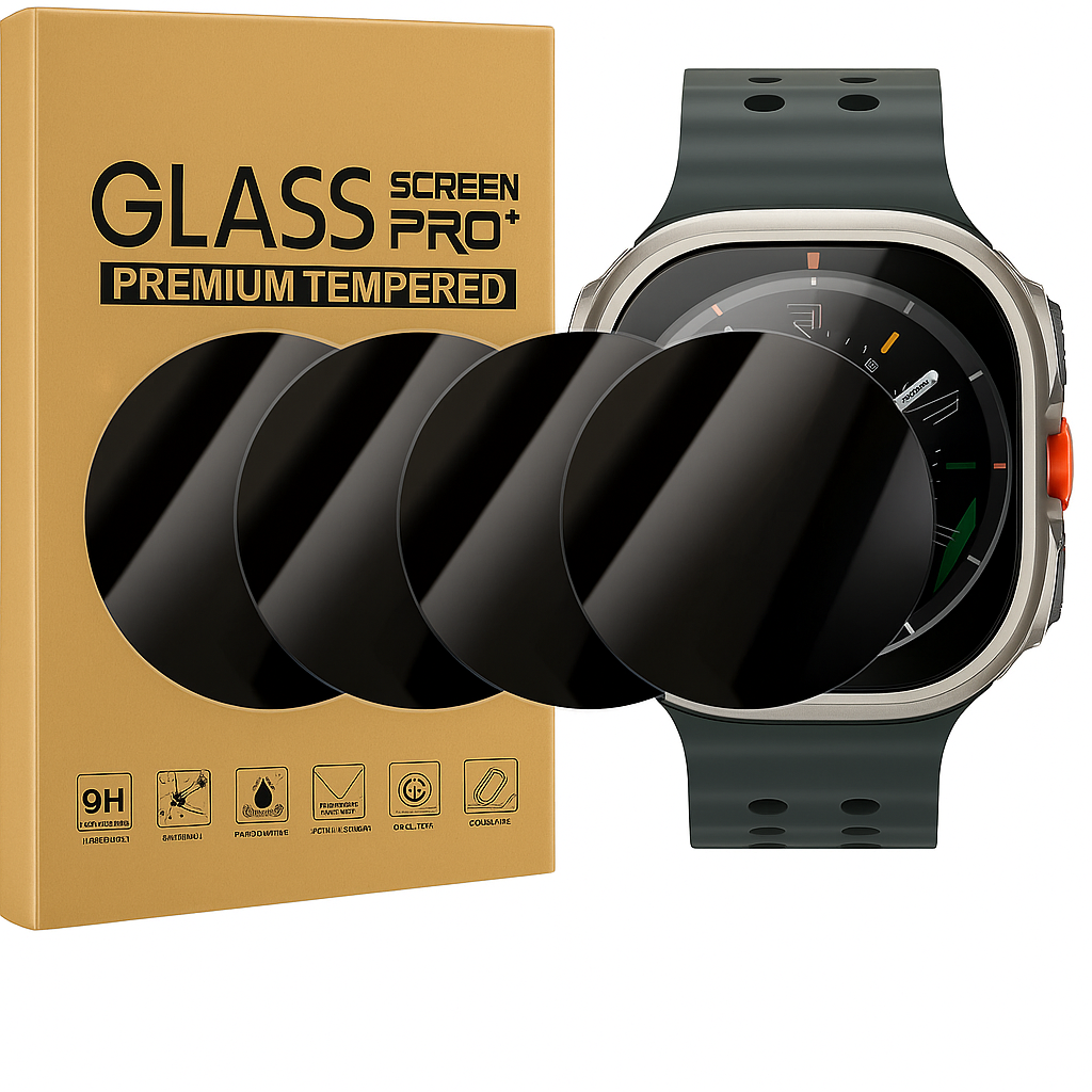 Smartwatch with screen protectors and a packaging box labeled 'Glass Screen Pro+'.