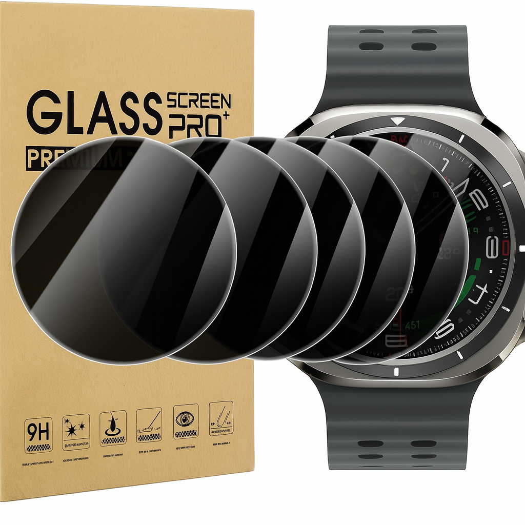 Smartwatch with glass screen protectors and a box labeled 'Glass Screen Pro' on a white background.