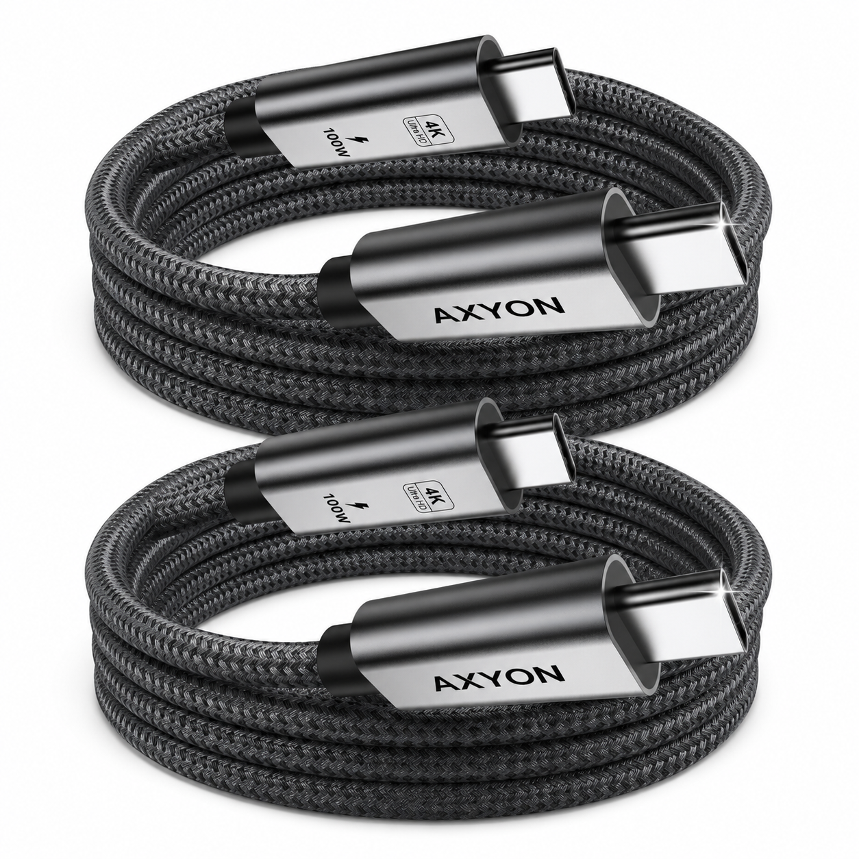 2-Pack pack shot: AXYON USB-C 100W cable 2-Pack, two coiled braided cables for desk workstation and travel kit deployment