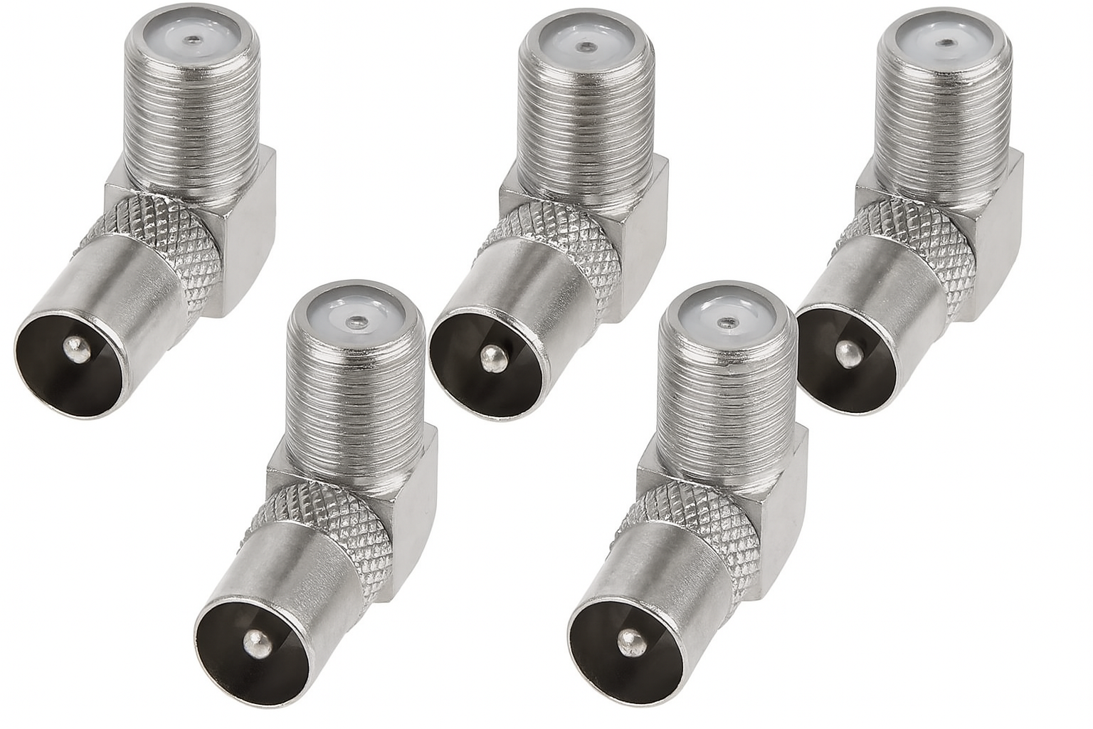 Five metallic coaxial connectors on a white background