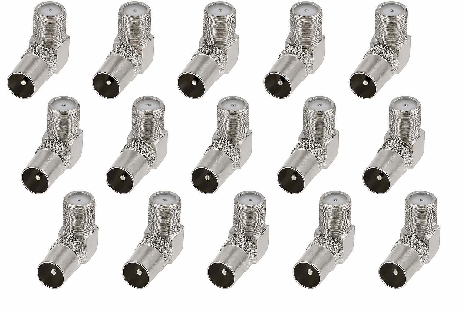 Multiple metal coaxial connectors arranged in a grid on a white background
