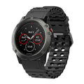 Black AXYON® QuickFit Silicone Strap for Garmin watches, available in 22mm and 26mm sizes. Premium silicone material, waterproof, shown close-up with stainless steel buckle and sporty design, suitable for fitness and outdoor activities.