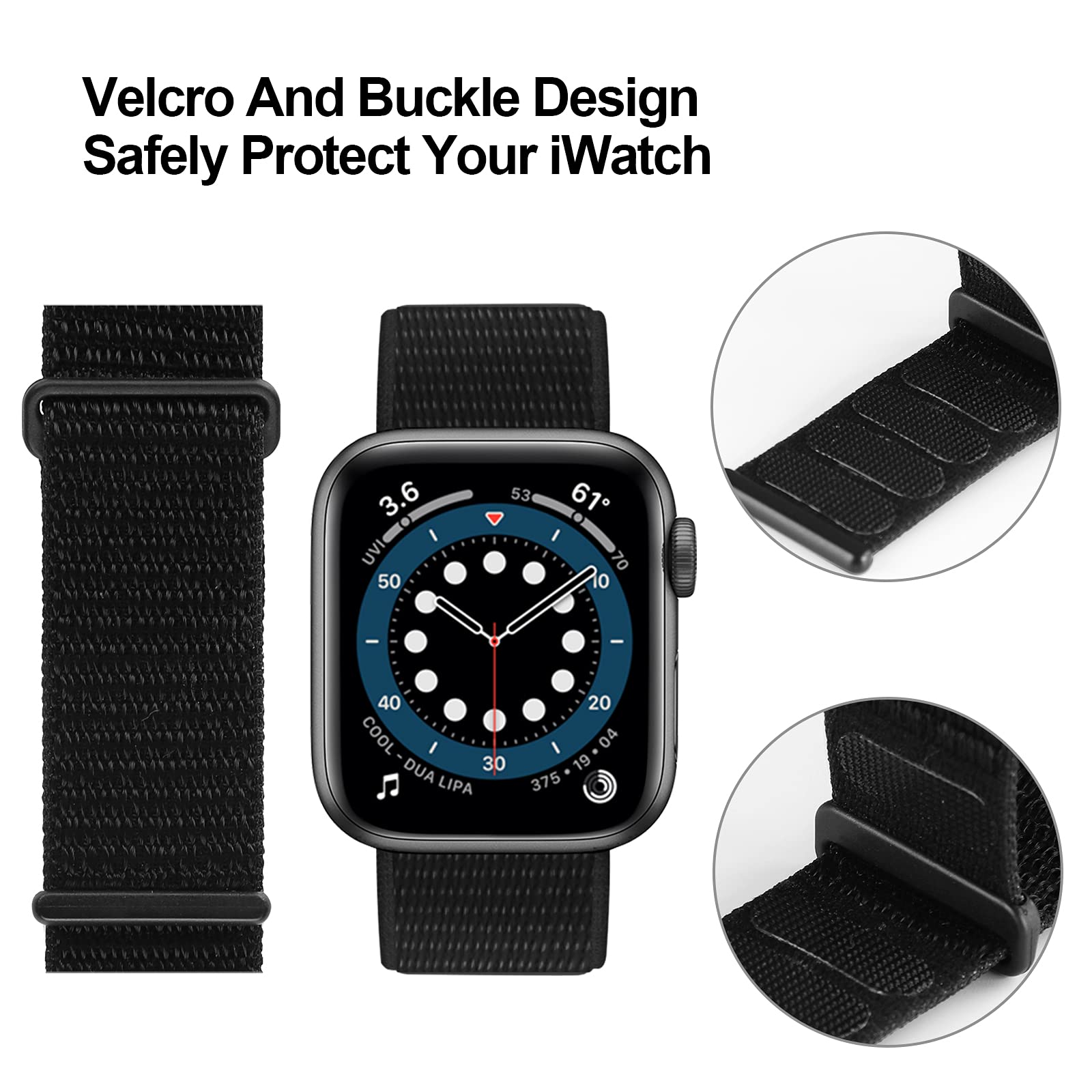 Black watch strap with velcro and buckle design on a white background