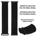 Black woven watch band with size and compatibility details on a white background