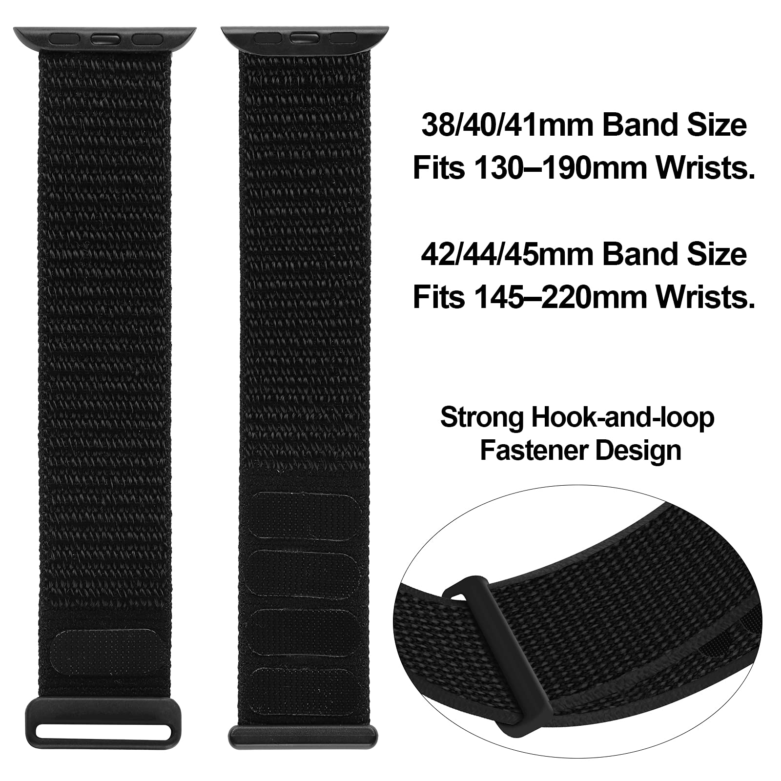 Black woven watch band with size and compatibility details on a white background