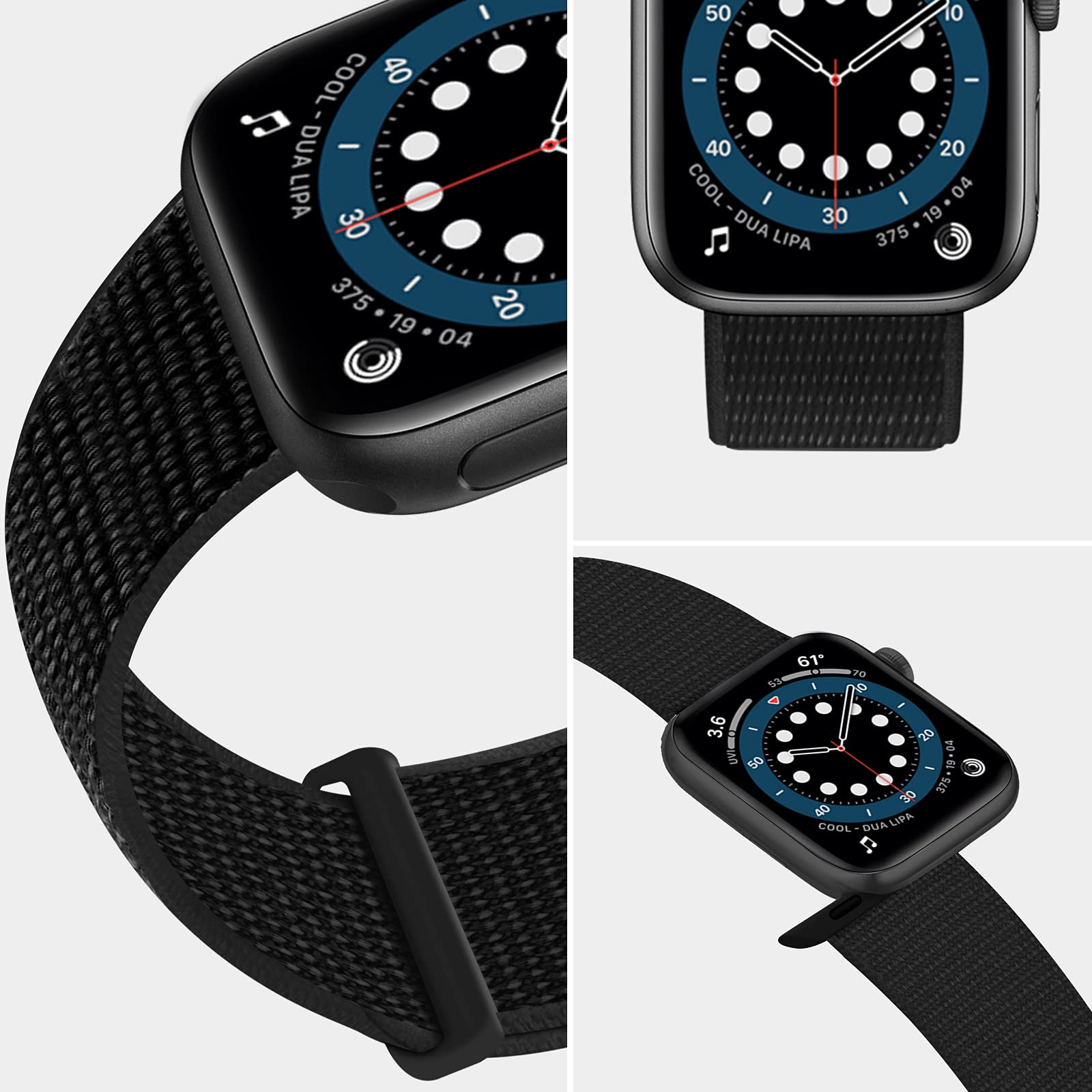 Black smartwatch with a textured black band on a light gray background
