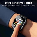 Smartwatch on a wrist with a finger touching the screen, highlighting ultra-sensitive touch feature.