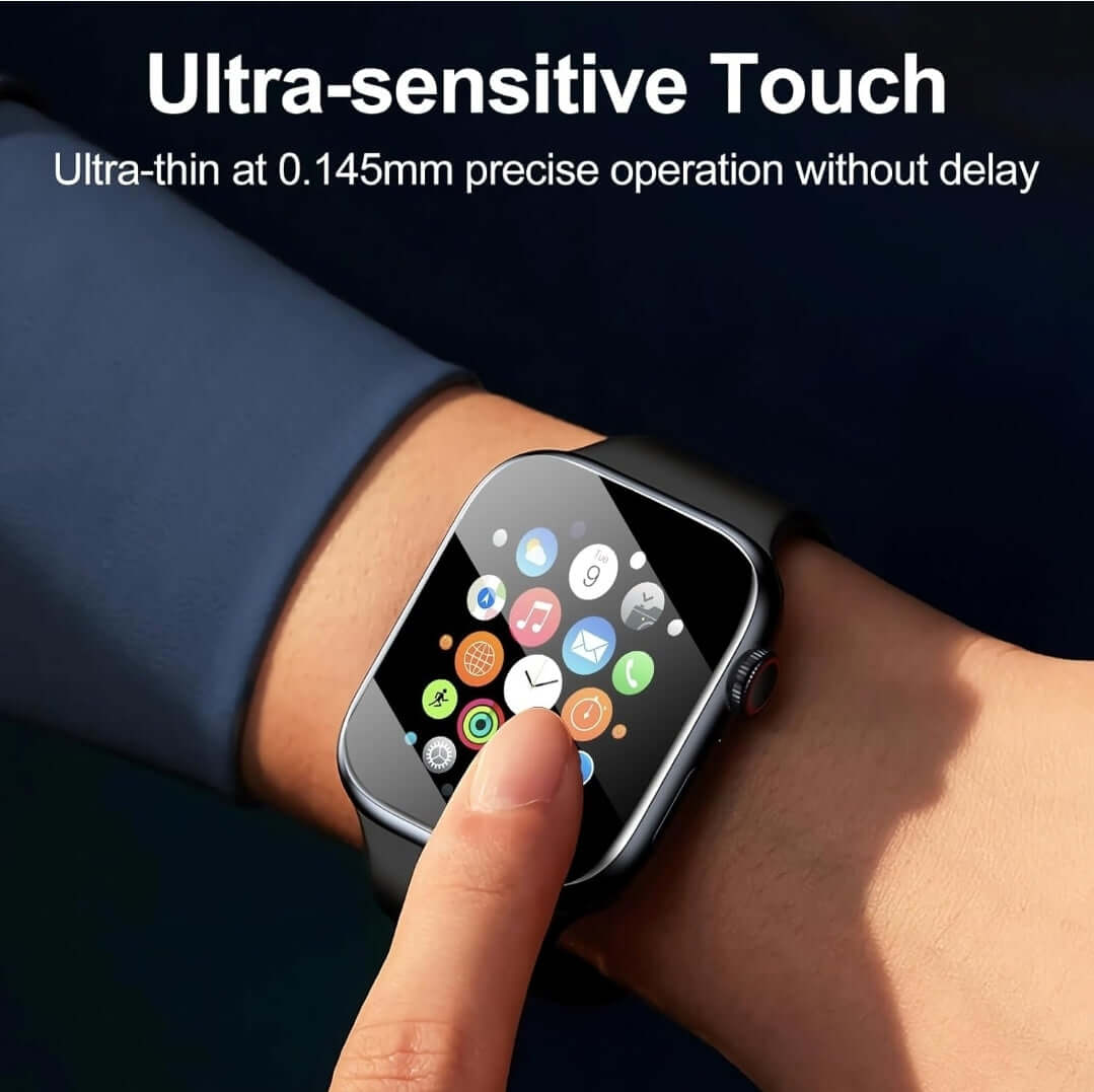 Smartwatch on a wrist with a finger touching the screen, highlighting ultra-sensitive touch feature.