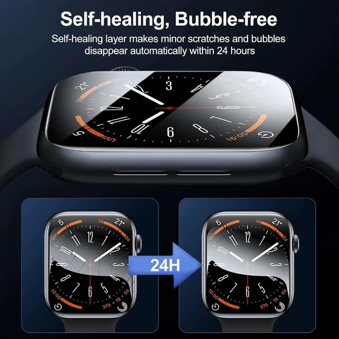 Smartwatch with a protective screen film showing self-healing properties.