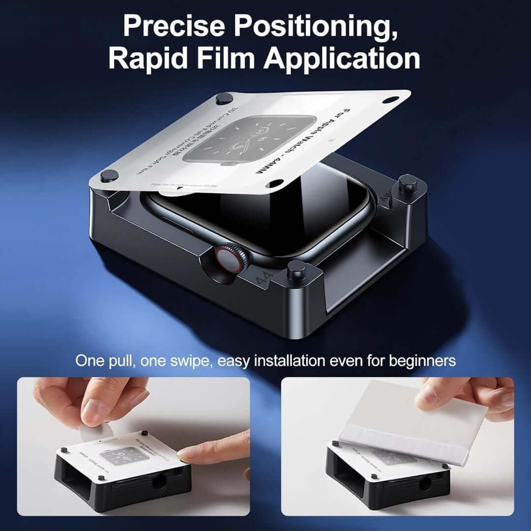 Device for precise positioning and rapid film application with text on a blue gradient background