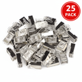 AXYON Cat6 shielded FTP RJ45 pass-through connectors 25 pack showing bulk quantity of metallic shielded connectors with gold-plated contacts