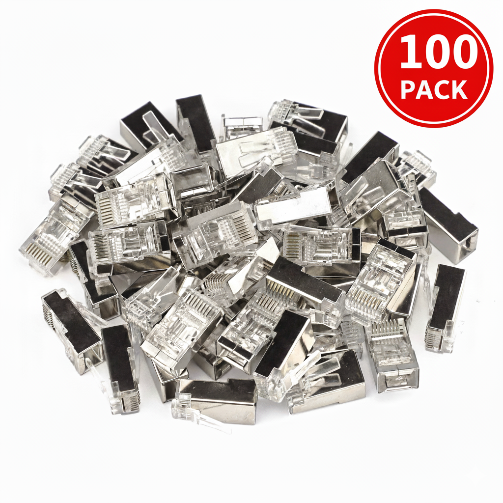 AXYON Cat6A shielded FTP RJ45 pass-through connectors 100 pack showing bulk quantity of metallic shielded connectors with 30µ gold-plated contacts for large-scale professional Cat6A network installations