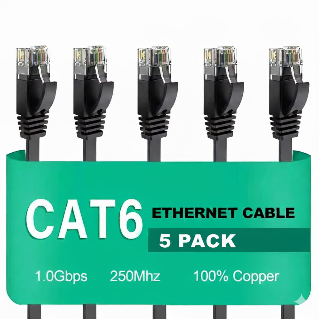 Five CAT6 Ethernet cables with a green label indicating '5 Pack' on a white background.
