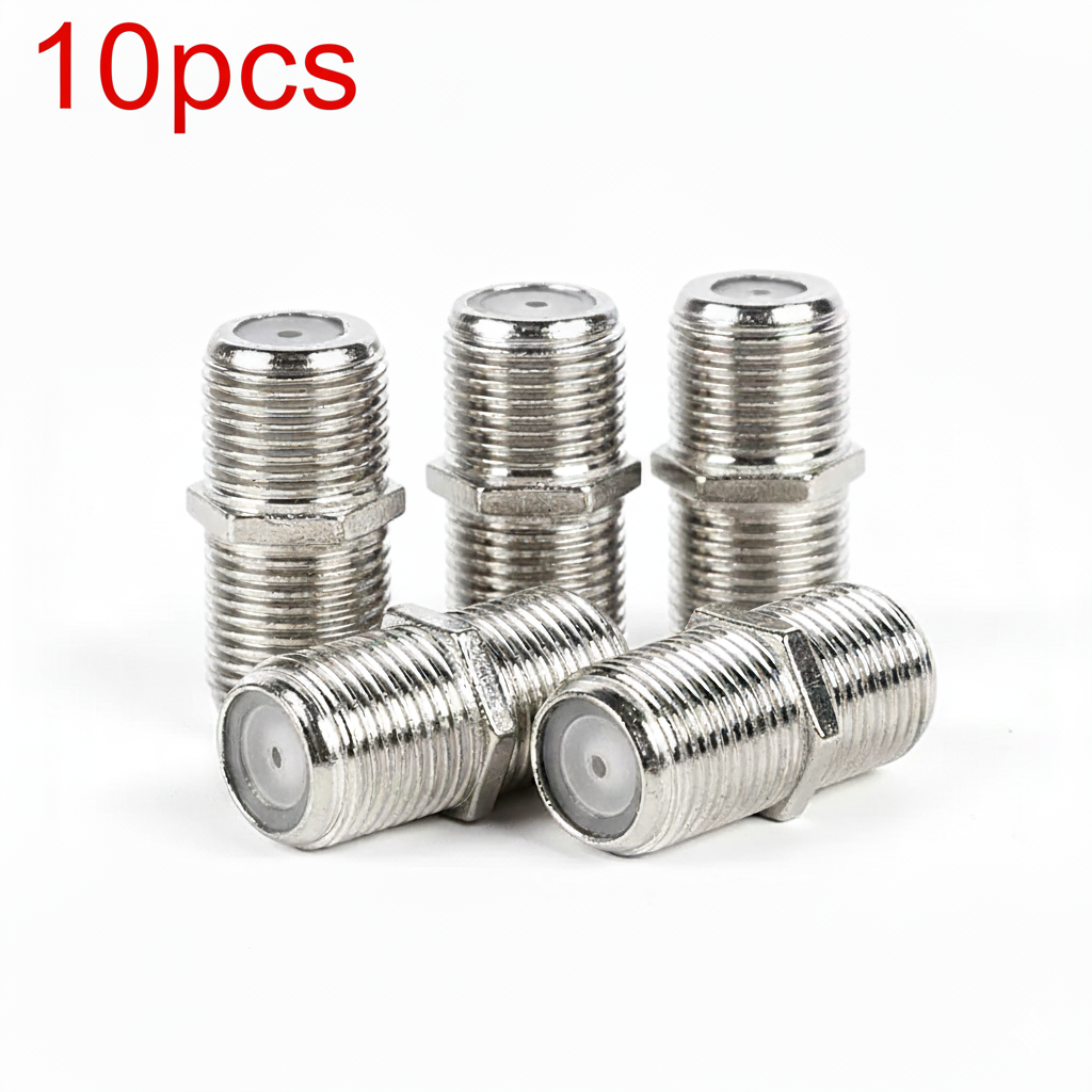 Five silver coaxial connectors on a white background with '10pcs' in red text above.