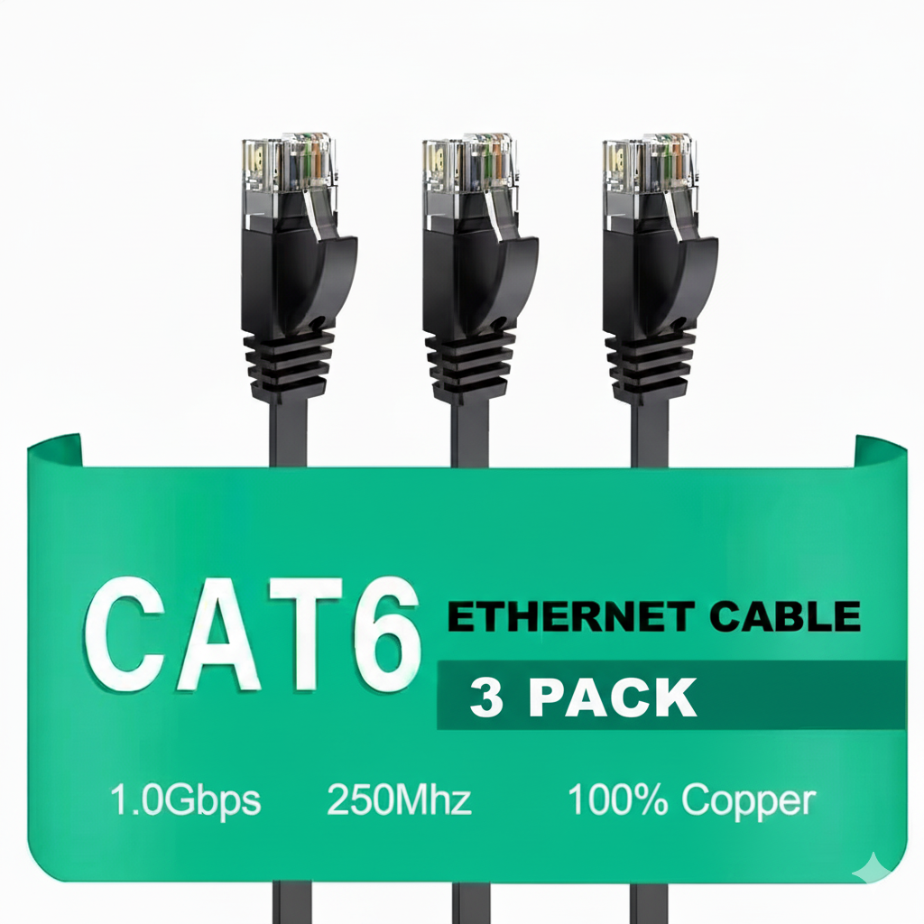 Three CAT6 Ethernet cables with a green label on a white background