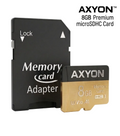 AXYON 8GB Premium microSDHC Memory Card with its black adapter card, shown on a clean white background with text overlay.
